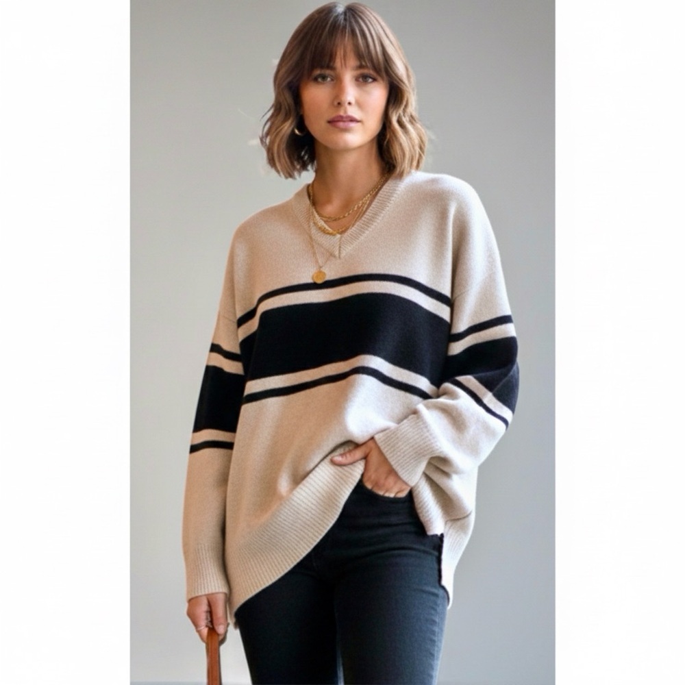 Sanctuary Stitch Fix Oversized Sweater Beige Black Stripe V Neck Women’s Sz XL